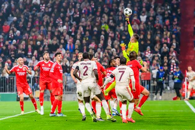 GER, UEFA CL, FC Bayern Muenchen GER vs Benfica Lisbon PRT 06 11 2024, Allianz Arena, Muenchen, GER, UEFA CL, FC Bayern Muenchen GER vs Benfica Lisbon PRT , UEFA regulations prohibit any use of photographs as image sequences and or quasi video, pictured Anatolij Trubin Benfica 1 saves from Dayot Upamecano FCB 2 Serge Gnabry FCB 7 nordphotoxGmbHx xStraubmeier nph00004