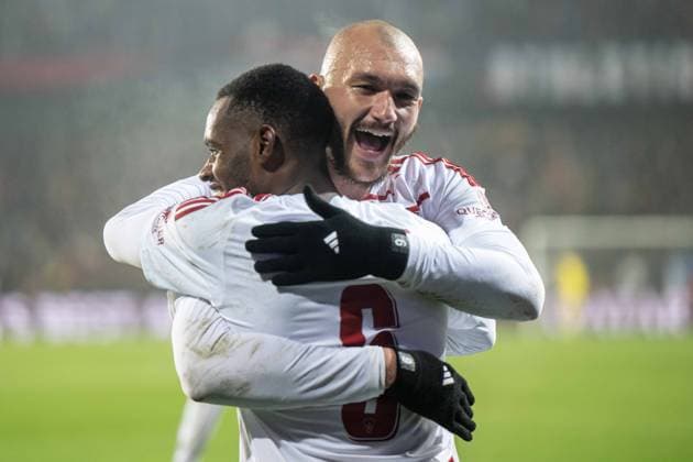 Ludovic Ajorque a goal celebrate with his teammates during UEFA Champions league match, AC Sparta Prague - Stade Brest , 06. november 2024, Epet Arena, Prague, Czech republic Copyright: xMICHALxFAJT,ZOSPORTU.SKx FAJ_4841