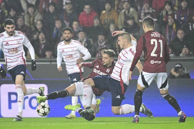 Albion Rrahmani of Sparta (centre), Brendan Chardonnet of Brest (2nd right) in action during the Football Champions League 4th round match Sparta Prague vs Stade Brestois in Prague, Czech Republic, November 6, 2024. (CTKxPhoto VitxSimanek) CTKPhotoP2024110611982  CTKPhotoP2024110611982
