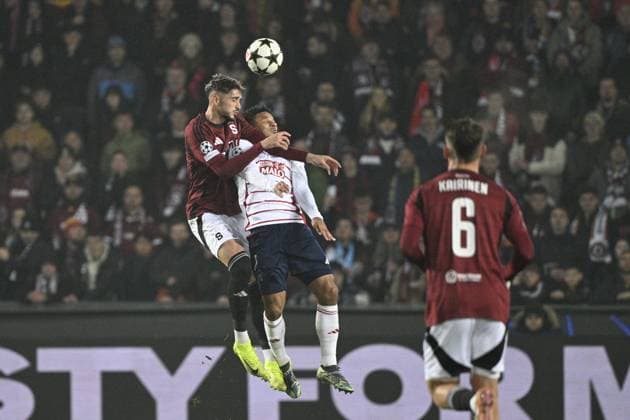From left Albion Rrahmani of Sparta, Kenny Lala of Brest and Kaan Kairinen of Sparta in action during the Football Champions League 4th round match Sparta Prague vs Stade Brestois in Prague, Czech Republic, November 6, 2024. (CTKxPhoto MichalxKamaryt) CTKPhotoP2024110612015  CTKPhotoP2024110612015