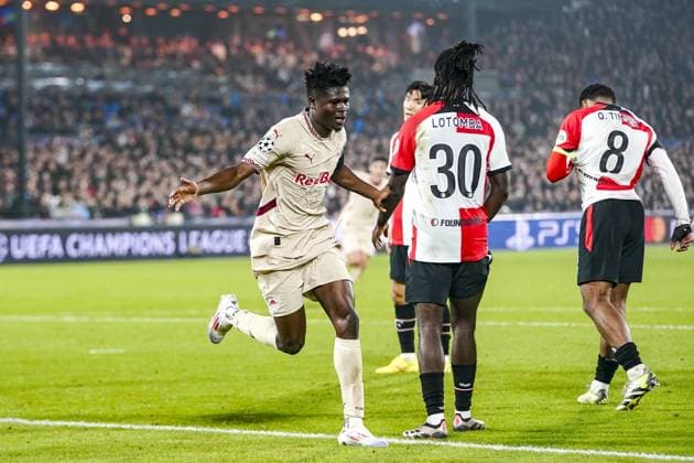 ROTTERDAM, 6-11-2024, Stadium Feijenoord de Kuip, Champions League, 2024 2025, Feyenoord - Red Bull Salzburg, RB salzburg player Karim Konate scores the 0-1 Feyenoord - RB Salzburg  x26683157x Copyright: