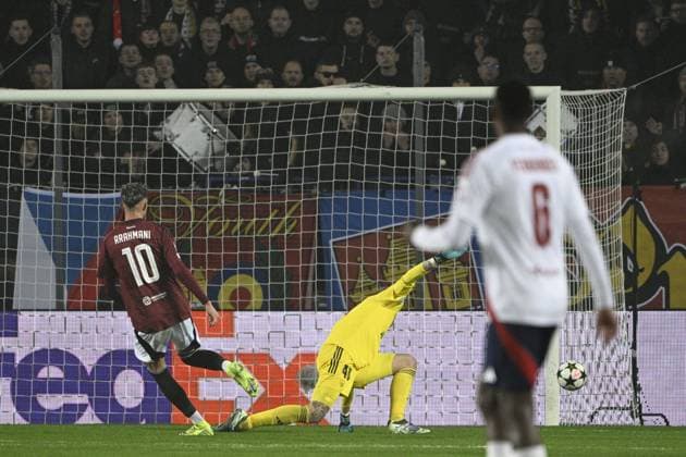 From left Albion Rrahmani of Sparta, goalie of Brest Marco Bizot, Edimilson Fernandes of Brest in action during the Football Champions League 4th round match Sparta Prague vs Stade Brestois in Prague, Czech Republic, November 6, 2024. (CTKxPhoto MichalxKamaryt) CTKPhotoP2024110612093  CTKPhotoP2024110612093