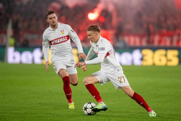 Maximilian Mittelstädt and Chris Führich VfB Stuttgart xettx, Germany, Stuttgart, 06 11 2024, Football, UEFA Champions League VfB Stuttgart vs Atalanta Bergamo, Season 2024 2025, Match Day 4, MHP Arena Photo A2 Bildagentur Peter Hartenfelser
