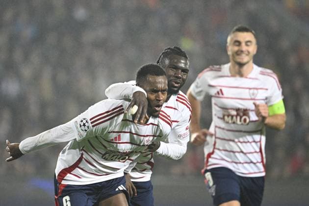 Edimilson Fernandes of Brest (left) celebrates goal with soccer players of Brest during the Football Champions League 4th round match Sparta Prague vs Stade Brestois in Prague, Czech Republic, November 6, 2024. (CTKxPhoto MichalxKamaryt) CTKPhotoP2024110612269  CTKPhotoP2024110612269
