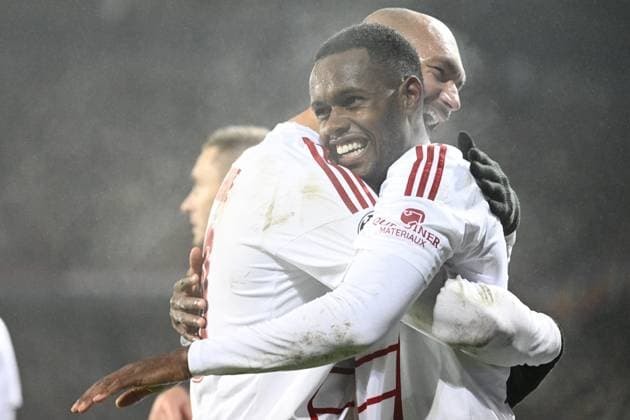 Edimilson Fernandes of Brest (left) celebrates goal with Ludovic Ajorque of Brest during the Football Champions League 4th round match Sparta Prague vs Stade Brestois in Prague, Czech Republic, November 6, 2024. (CTKxPhoto MichalxKamaryt) CTKPhotoP2024110612275  CTKPhotoP2024110612275