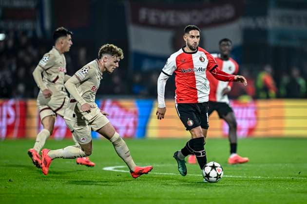 Red Bull Salzburg midfielder Bobby Clark, Feyenoord Rotterdam forwarder Luka Ivanusec, during the match Feyenoord Salzburg at the Feyenoord stadium De Kuip for the UEFA Champions League phase Matchday 4 season 2024 2025 in ROTTERDAM, Netherlands on 6 november 2024, photo by Stefan Koops EYE4images DeFodi Images not used in POL SRB CRO FRA GBR NED ITA USA Defodi 746 198426 Defodi-746 not used in POL SRB CRO FRA GBR NED ITA USA