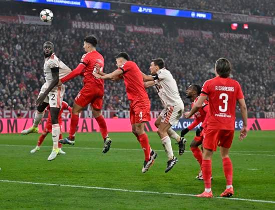 06 11 2024, Football UEFA Championsleague 2024 2025 Matchday 4, FC Bayern Munich Benfica Lisbon, at Allianz Arena Munich Dayot Upamecano FC Bayern Munich vs Tomas Araujo Benfica Lisbon , Antonio Silva Benfica Lisbon and Joao Palhinha FC Bayern Munich DFL and DFB regulations prohibit any use of photographs as image sequences and or quasi video