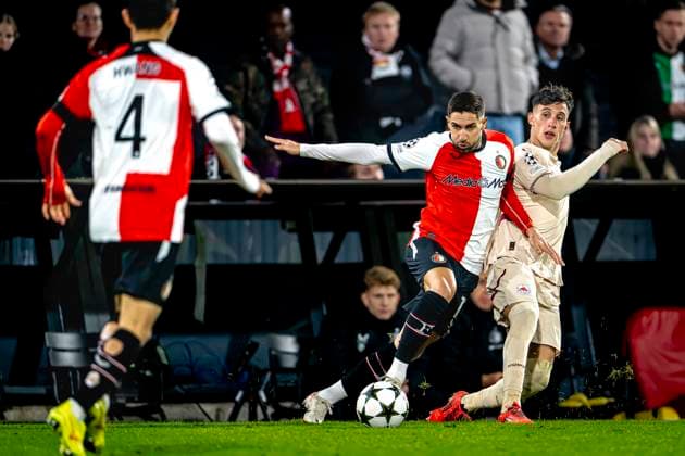 Feyenoord Rotterdam forwarder Luka Ivanusec, Red Bull Salzburg midfielder Nicolas Capaldo, during the match Feyenoord Salzburg at the Feyenoord stadium De Kuip for the UEFA Champions League phase Matchday 4 season 2024 2025 in ROTTERDAM, Netherlands on 6 november 2024, photo by Marcel van Dorst EYE4images DeFodi Images not used in POL SRB CRO FRA GBR NED ITA USA Defodi 746 198462 Defodi-746 not used in POL SRB CRO FRA GBR NED ITA USA