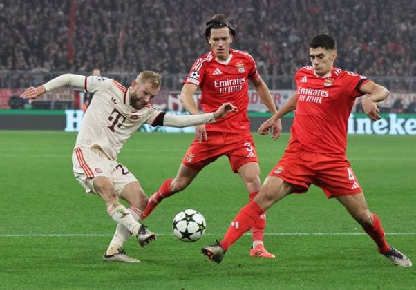 27 Konrad Laimer FCB vs 4 Diogo Leite Benfica duel Football FC Bayern Munich SL Benfica Lisbon UEFA Champions League 06 11 2024 Allianz Arena PHOTO Mladen Lackovic LakoPress