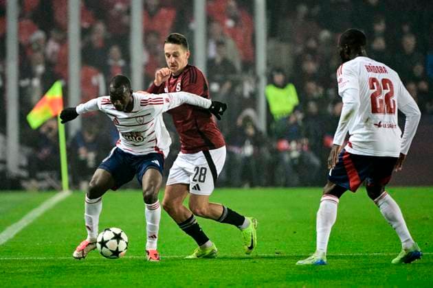From left Kamory Doumbia of Brest and Tomas Wiesner of Sparta in action during the Football Champions League 4th round match Sparta Prague vs Stade Brestois in Prague, Czech Republic, November 6, 2024. (CTKxPhoto VitxSimanek) CTKPhotoP2024110612504  CTKPhotoP2024110612504