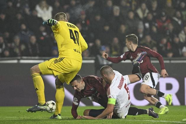 From left goalie of Brest Marco Bizot, Jakub Pesek of Sparta, Brendan Chardonnet of Brest, Tomas Wiesner of Sparta in action during the Football Champions League 4th round match Sparta Prague vs Stade Brestois in Prague, Czech Republic, November 6, 2024. (CTKxPhoto MichalxKamaryt) CTKPhotoP2024110612653  CTKPhotoP2024110612653