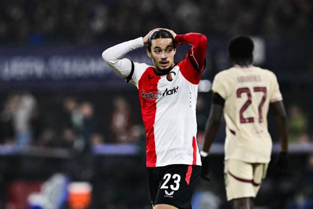 ROTTERDAM - Anis Hadj Moussa of Feyenoord balks during the UEFA Champions League match between Feyenoord Rotterdam and FC RB Salzburg at Feyenoord Stadium de Kuip on Nov. 6, 2024 in Rotterdam, Netherlands. ANP OLAF KRAAK UEFA Champions League 2024 25 League Phase MD4 2024 25 xVIxANPxSportx xxANPxIVx 512852912 originalFilename: 512852912.jpg