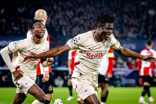 Red Bull Salzburg forwarder Karim Konate celebrating the goal, during the match Feyenoord Salzburg at the Feyenoord stadium De Kuip for the UEFA Champions League phase Matchday 4 season 2024 2025 in ROTTERDAM, Netherlands on 6 november 2024, photo by Marcel van Dorst EYE4images DeFodi Images not used in POL SRB CRO FRA GBR NED ITA USA Defodi 746 198481 Defodi-746 not used in POL SRB CRO FRA GBR NED ITA USA