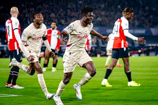 Red Bull Salzburg forwarder Karim Konate celebrating the goal, during the match Feyenoord Salzburg at the Feyenoord stadium De Kuip for the UEFA Champions League phase Matchday 4 season 2024 2025 in ROTTERDAM, Netherlands on 6 november 2024, photo by Marcel van Dorst EYE4images DeFodi Images not used in POL SRB CRO FRA GBR NED ITA USA Defodi 746 198483 Defodi-746 not used in POL SRB CRO FRA GBR NED ITA USA