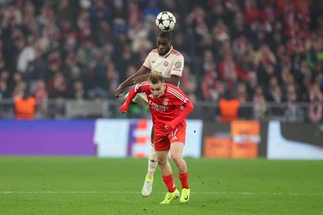 Dayot Upamecano FC Bayern Muenchen and Kerem Aktuerkoglu SL Benfica battle for the ball, UEFA Champions League 2024 25 League Phase MD4, FC Bayern München v SL Benfica, Allianz Arena, November 06, 2024 in Munich, Germany Photo by Marco Steinbrenner DeFodi Images Dayot Upamecano FC Bayern Muenchen and Kerem Aktuerkoglu SL Benfica battle for the ball, UEFA Champions League 2024 25 League Phase MD4, FC Bayern München v SL Benfica, Allianz Arena, November 6, 2024 in Munich, Germany Photo by Marco Steinbrenner DeFodi Images not used in POL SRB CRO FRA GBR NED ITA USA Defodi 700 muenchen lisbon 20241106 057 Defodi-700 not used in POL SRB CRO FRA GBR NED ITA USA