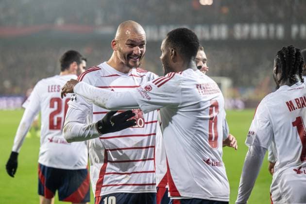 State Brest players a goal celebrate during UEFA Champions league match, AC Sparta Prague - Stade Brest , 06. november 2024, Epet Arena, Prague, Czech republic Copyright: xMICHALxFAJT,ZOSPORTU.SKx FAJ_4832