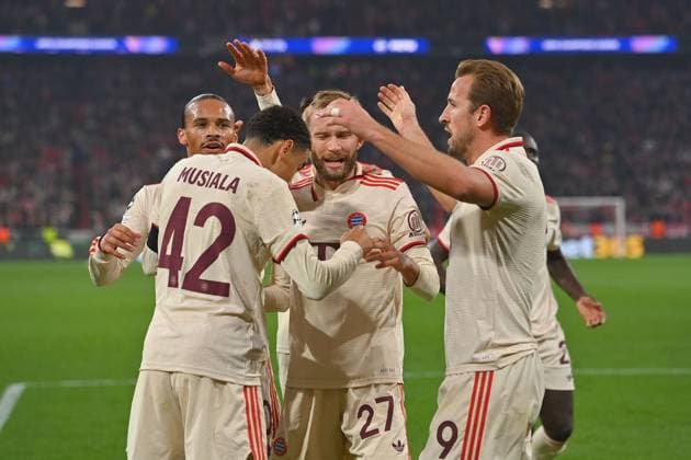 collective goal celebration around Jamal MUSIALA Bayern Muenchen after goal to 1 0 with Harry KANE Bayern Muenchen ,Konrad LAIMER Bayern Muenchen , Leroy SANE Bayern Muenchen ,Action, Cheering,Joy,Excitement, Soccer Champions League Ligaphase, FC Bayern Muenchen Benfica Lisbon on 06 11 2024, A L L I A N Z A R E N A
