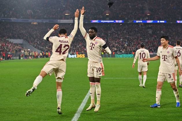 Goal celebration Jamal MUSIALA Bayern Muenchen after goal to 1 0,action, jubilation,joy,enthusiasm with Alphonso DAVIES Bayern Muenchen , football Champions League league phase, FC Bayern Muenchen Benfica Lisbon on 06 11 2024, A L L I A N Z A R E N A