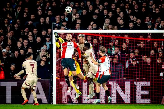 Feyenoord Rotterdam defender Gernot Trauner, Red Bull Salzburg goalkeeper Janis Blaswich, during the match Feyenoord Salzburg at the Feyenoord stadium De Kuip for the UEFA Champions League phase Matchday 4 season 2024 2025 in ROTTERDAM, Netherlands on 6 november 2024, photo by Marcel van Dorst EYE4images DeFodi Images not used in POL SRB CRO FRA GBR NED ITA USA Defodi 746 198495 Defodi-746 not used in POL SRB CRO FRA GBR NED ITA USA