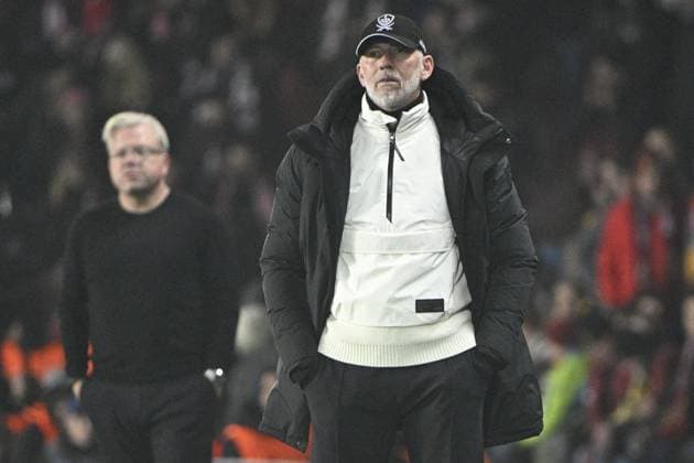 From right coaches Eric Roy of Brest, Lars Friis of Sparta in action during the Football Champions League 4th round match Sparta Prague vs Stade Brestois in Prague, Czech Republic, November 6, 2024. (CTKxPhoto MichalxKamaryt) CTKPhotoP2024110612842  CTKPhotoP2024110612842