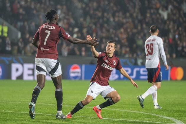 Lukas Sadilek a goal celebrate with Victor Olatunji during UEFA Champions league match, AC Sparta Prague - Stade Brest , 06. november 2024, Epet Arena, Prague, Czech republic Copyright: xMICHALxFAJT,ZOSPORTU.SKx FAJ_4968