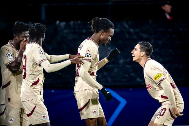 Red Bull Salzburg midfielder Lucas Gourna Douath celebrating the goal, during the match Feyenoord Salzburg at the Feyenoord stadium De Kuip for the UEFA Champions League phase Matchday 4 season 2024 2025 in ROTTERDAM, Netherlands on 6 november 2024, photo by Marcel van Dorst EYE4images DeFodi Images not used in POL SRB CRO FRA GBR NED ITA USA Defodi 746 198520 Defodi-746 not used in POL SRB CRO FRA GBR NED ITA USA