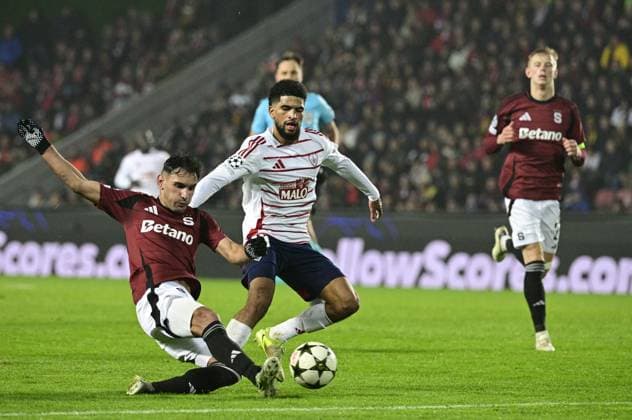 From left Qazim Laci of Sparta, Mahdi Camara of Brest in action during the Football Champions League 4th round match Sparta Prague vs Stade Brestois in Prague, Czech Republic, November 6, 2024. (CTKxPhoto VitxSimanek) CTKPhotoP2024110612951  CTKPhotoP2024110612951