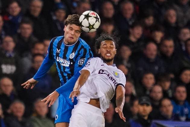 FuÃŸball, CL, FC BrÃ¼gge - Aston Villa BRUGES, BELGIUM - NOVEMBER 6: Bjorn Meijer of Club Brugge KV wins a defensive header from Boubacar Kamara of Aston Villa FC during the UEFA Champions League 2024 25 League Phase MD4 match between Club Brugge KV and Aston Villa FC at Jan Breydelstadion on November 6, 2024 in Bruges, Belgium. (Photo by Rene Nijhuis) SOC  Copyright: xRenexNijhuis