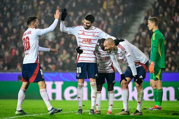 Soccer players of Stade Brest celebrate a goal during the Football Champions League 4th round match Sparta Prague vs Stade Brestois in Prague, Czech Republic, November 6, 2024. (CTKxPhoto VitxSimanek) CTKPhotoP2024110613369  CTKPhotoP2024110613369