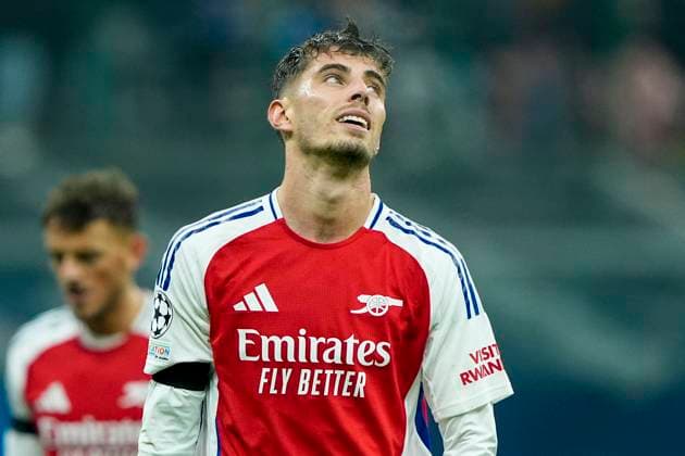 Kai Havertz of Arsenal FC looks dejected during the Uefa Champions League match between FC Internazionale and Arsenal at Stadio Giuseppe Meazza Milan Italy on 06 November 2024. Milan Stadio Giuseppe Meazza Milan Italy Copyright: xPhotoxGoalxPixx SP24-1038-078