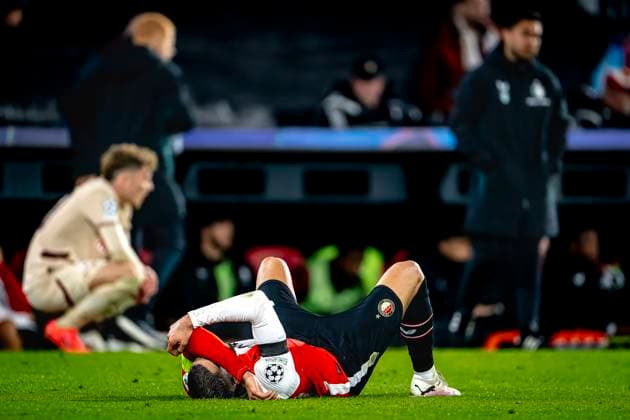Feyenoord Rotterdam defender David Hancko dejected after the lost game, during the match Feyenoord Salzburg at the Feyenoord stadium De Kuip for the UEFA Champions League phase Matchday 4 season 2024 2025 in ROTTERDAM, Netherlands on 6 november 2024, photo by Marcel van Dorst EYE4images DeFodi Images not used in POL SRB CRO FRA GBR NED ITA USA Defodi 746 198618 Defodi-746 not used in POL SRB CRO FRA GBR NED ITA USA