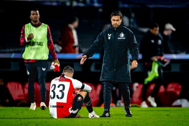 Feyenoord Rotterdam defender David Hancko dejected after the lost game, during the match Feyenoord Salzburg at the Feyenoord stadium De Kuip for the UEFA Champions League League phase Matchday 4 season 2024 2025 in ROTTERDAM, Netherlands on 6 november 2024, photo by Marcel van Dorst EYE4images DeFodi Images not used in POL SRB CRO FRA GBR NED ITA USA Defodi 746 198620 Defodi-746 not used in POL SRB CRO FRA GBR NED ITA USA