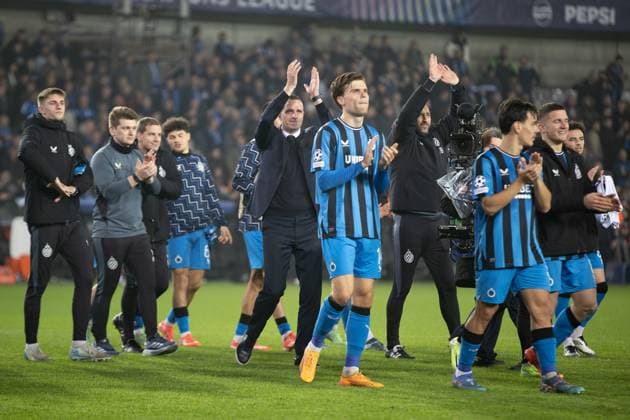 Fußball, CL, FC Brügge - Aston Villa Club Brugge v Aston Villa Champions League 06 11 2024. Club Brugge players and Club Brugge manager Nicky Hayen celebrate after the Champions League match between Club Brugge and Aston Villa at Jan Breydel Stadion, Brugge, Belguim on 6 November 2024. Editorial use only , Copyright: xIanxStephenx PSI-20762-0091