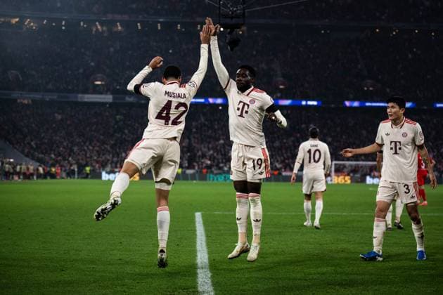 MUNICH, GERMANY - NOVEMBER 6: Jamal Musiala of FC Bayern Munich celebrate with Alphonso Davies after scoring the opening goal during the UEFA Champions League 2024 25 League Phase MD4 match between FC Bayern Munchen and SL Benfica at Football Arena Munich on November 6, 2024 in Munich, Germany Photo by Sebastian Frej FC Bayern Munchen v SL Benfica - UEFA Champions League 2024 25 League Phase MD4 Copyright: xSebastianxFrejx