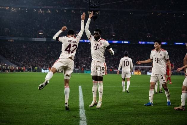 MUNICH, GERMANY - NOVEMBER 6: Jamal Musiala of FC Bayern Munich celebrate with Alphonso Davies after scoring the opening goal during the UEFA Champions League 2024 25 League Phase MD4 match between FC Bayern Munchen and SL Benfica at Football Arena Munich on November 6, 2024 in Munich, Germany Photo by Sebastian Frej FC Bayern Munchen v SL Benfica - UEFA Champions League 2024 25 League Phase MD4 Copyright: xSebastianxFrejx