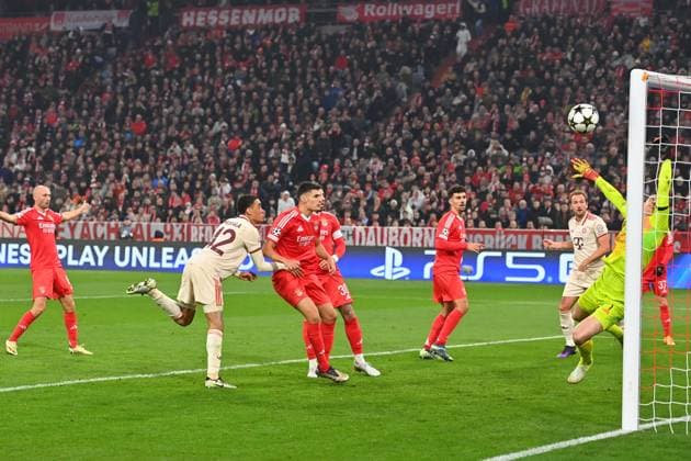 Goal Jamal MUSIALA Bayern Muenchen 1 0,Action,Header,Penalty area scene Soccer Champions League League Phase, FC Bayern Muenchen Benfica Lisbon 1 0 on 06 11 2024, A L L I A N Z A R E N A