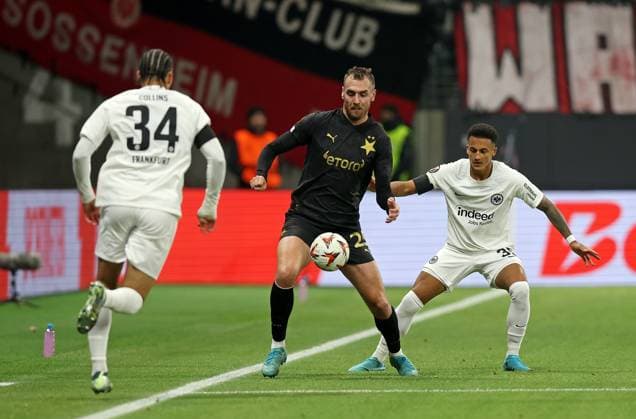 07 11 2024, xovx, Football UEFA Europa League, Eintracht Frankfurt Slavia Prague v l Nnamdi Collins Eintracht Frankfurt , Tomas Chory Slavia Prague , Tuta Eintracht Frankfurt DFL DFB REGULATIONS PROHIBIT ANY USE OF PHOTOGRAPHS as IMAGE SEQUENCES and or QUASI VIDEO emspor Frankfurt am Main