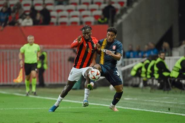 Defender BOMBITO Moise (OGC Nice) and LTAIEF Sayf (FC TWENTE) . OGC Nice vs FC TWENTE, C3 EUROPA LEAGUE in Allianz Riviera Stadium, NICE, France, on 07 November, 2024. FOOTBALL : OGC Nice vs FC TWENTE - EUROPA LEAGUE - 07 11 24 FredDides Panoramic 