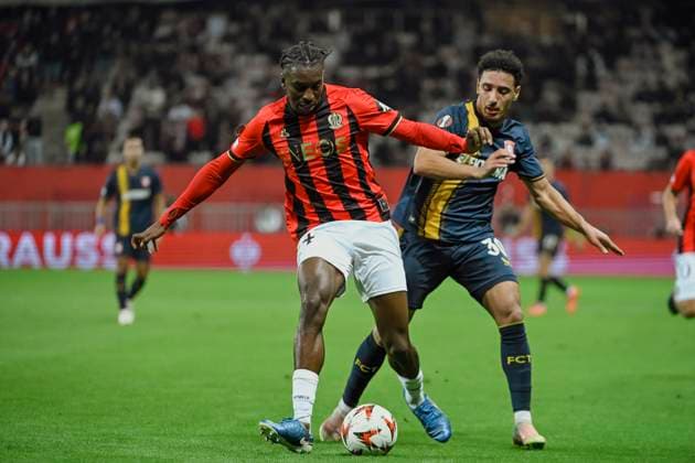 Defender BOMBITO Moise (OGC Nice) and LTAIEF Sayf (FC TWENTE). OGC Nice vs FC TWENTE, C3 EUROPA LEAGUE in Allianz Riviera Stadium, NICE, France, on 07 November, 2024. FOOTBALL : OGC Nice vs FC TWENTE - EUROPA LEAGUE - 07 11 24 FredDides Panoramic 