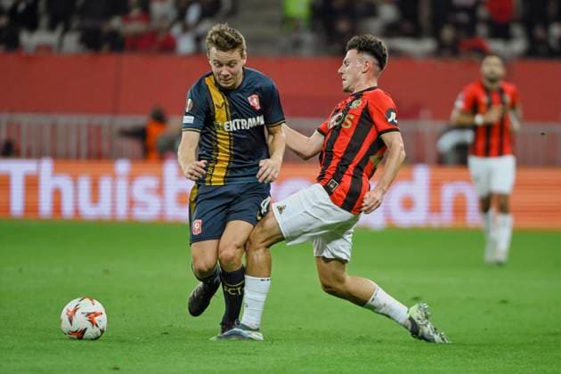 MIDFIELDER KJØLØ Mathias (FC TWENTE) and Defender LOUCHET Tom (OGC Nice). OGC Nice vs FC TWENTE, C3 EUROPA LEAGUE in Allianz Riviera Stadium, NICE, France, on 07 November, 2024. FOOTBALL : OGC Nice vs FC TWENTE - EUROPA LEAGUE - 07 11 24 FredDides Panoramic 