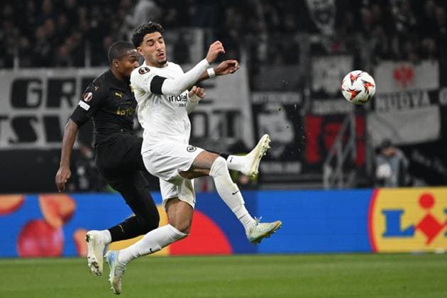 Soccer UEFA Europa League Matchday 4 Eintracht Frankfurt Rigas FS on 24 10 2024 at Deutsche Bank Park in Frankfurt Simion Michez Prague , left Omar Marmoush Frankfurt , right xJKx