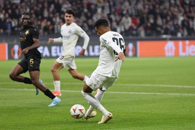 Goal finish Ansgar Knauff Eintracht Frankfurt , No 36 , Eintracht Frankfurt Slavia Prague , Football, UEFA Europa League , UEL, Season 2024 2025, Matchday 4, 07 11 2024,