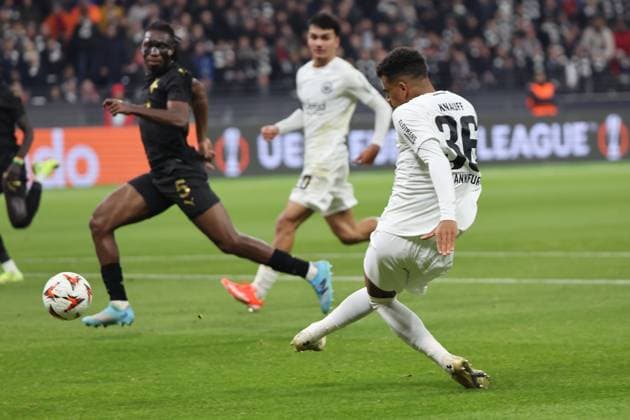 Goal finish Ansgar Knauff Eintracht Frankfurt , No 36 , Eintracht Frankfurt Slavia Prague , Football, UEFA Europa League , UEL, Season 2024 2025, Matchday 4, 07 11 2024,