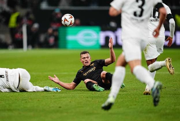 Europa League Round 4: Eintracht Frankfurt versus SK Slavia Prague November 07 2024: Tomas Holes of SK Slavia Prague gestures during a Europa League Round 4 game, Eintracht Frankfurt versus SK Slavia Prague, at Deutsche Bank Park, Frankfurt, Germany. Ulrik Pedersen CSM (Credit Image: Â Ulrik Pedersen Cal Media) Frankfurt Germany EDITORIAL USE ONLY Copyright: xx ZUMA-20241107_zma_c04_007.jpg UlrikxPedersenx csmphotothree315881