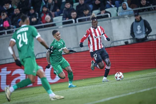 Football - Europa League - Group Stage - PFC Ludogorets - Athletic Club - 07.11.2024 Nico Williams (R) and Erick Marcus (L) Bulgaria Copyright: xYulianxTodorovx