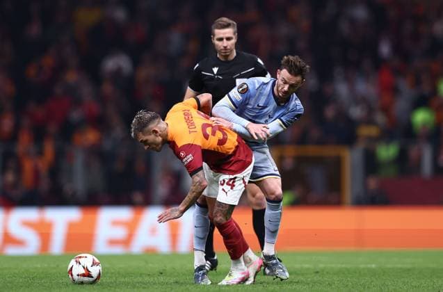 Lucas Torreira of Galatasaray and James Maddison of Tottenham Hotspur Galatasaray v Tottenham Hotspur, UEFA Europa League, Group Stage, Football, RAMS Park, Istanbul, Turkiye - 07 Nov 2024 EDITORIAL USE ONLY No use with unauthorised audio, video, data, fixture lists, club league logos or live services. Online in-match use limited to 120 images, no video emulation. No use in betting, games or single club league player publications. Copyright: xRaddadxJebarah Shutterstockx 14877992cl