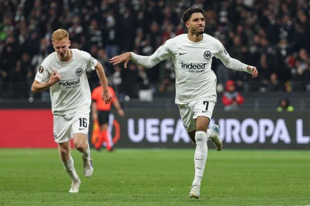 UEFA Europa League Eintracht Frankfurt SK Slavia Prague on 07 11 2024 at Deutsche Bank Park in Frankfurt Cheering, goal celebration, goal scorer, goal scorer Omar Marmoush Frankfurt 7 cheers after his goal to make it 1 - 0 MH