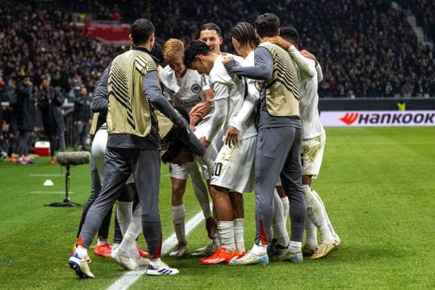 Omar Marmoush Eintracht Frankfurt celebrates after scoring his team s first goal with teammates during the UEFA Europa League 2024 25 League Phase MD4 match between Eintracht Frankfurt v SK Slavia Praha at Deutsche Bank Park on November 7, 2024 in Frankfurt am Main, Germany not used in POL SRB CRO FRA GBR NED ITA USA Defodi 747 747 20241107 EFSlPr 000000090 Defodi-747 not used in POL SRB CRO FRA GBR NED ITA USA