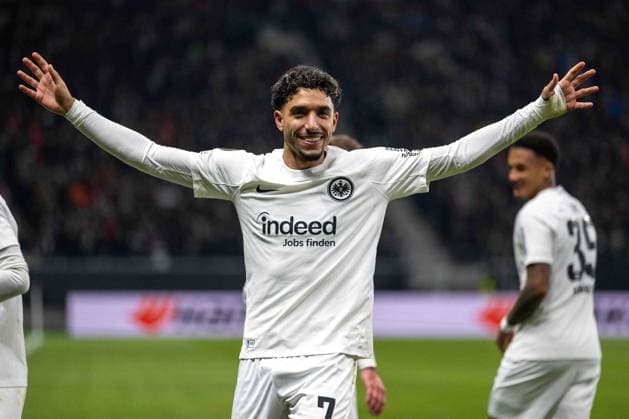 Omar Marmoush Eintracht Frankfurt celebrates after scoring his team s first goal during the UEFA Europa League 2024 25 League Phase MD4 match between Eintracht Frankfurt v SK Slavia Praha at Deutsche Bank Park on November 7, 2024 in Frankfurt am Main, Germany not used in POL SRB CRO FRA GBR NED ITA USA Defodi 747 747 20241107 EFSlPr 000000099 Defodi-747 not used in POL SRB CRO FRA GBR NED ITA USA