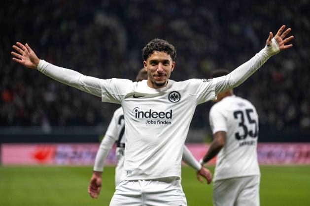 Omar Marmoush Eintracht Frankfurt celebrates after scoring his team s first goal during the UEFA Europa League 2024 25 League Phase MD4 match between Eintracht Frankfurt v SK Slavia Praha at Deutsche Bank Park on November 7, 2024 in Frankfurt am Main, Germany not used in POL SRB CRO FRA GBR NED ITA USA Defodi 747 747 20241107 EFSlPr 000000100 Defodi-747 not used in POL SRB CRO FRA GBR NED ITA USA